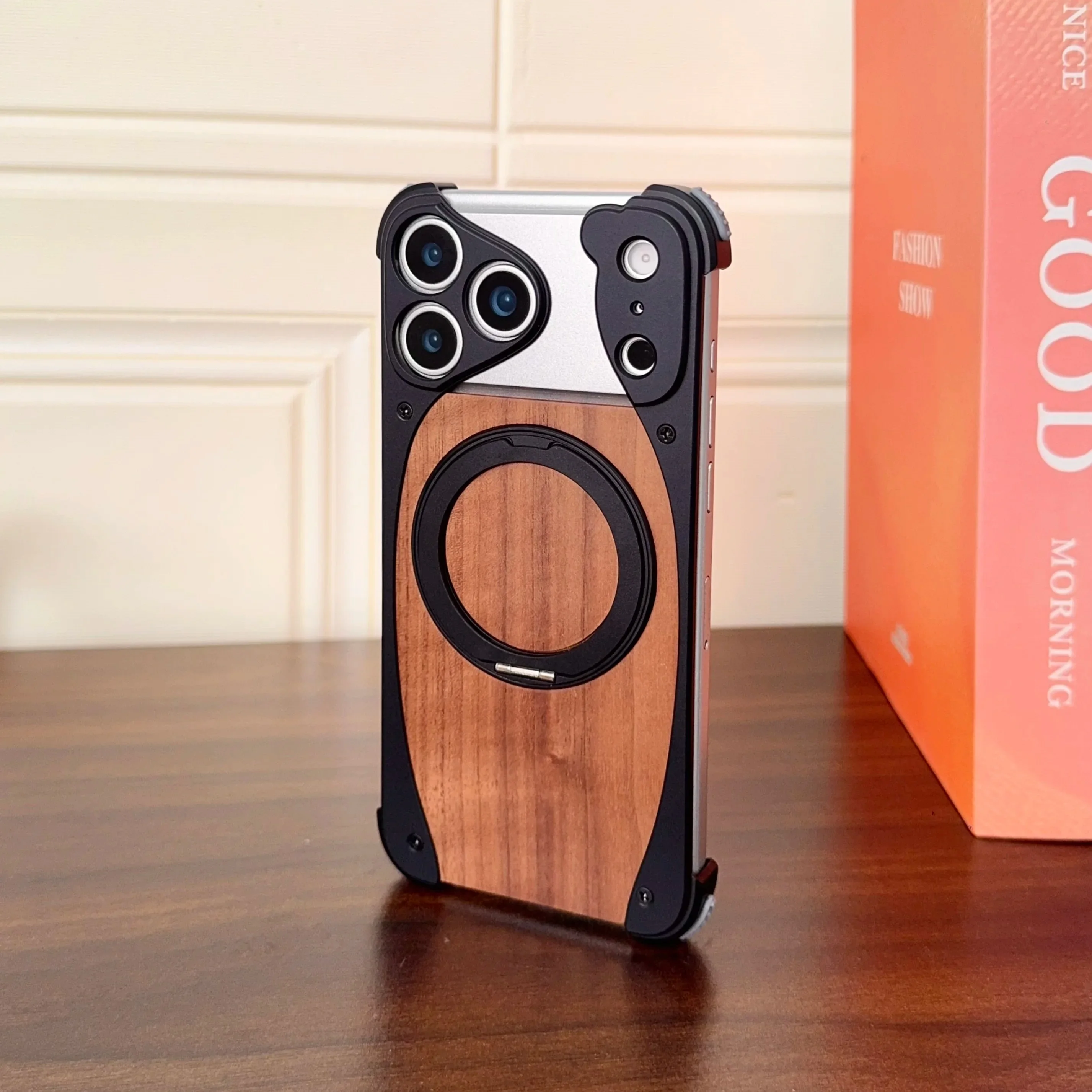Luxury Metal Frame Walnut Wood Frameless Phone Case For iPhones Magsafe Magnetic 360 Rotating Bracket Cover