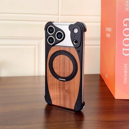 Luxury Metal Frame Walnut Wood Frameless Phone Case For iPhones Magsafe Magnetic 360 Rotating Bracket Cover