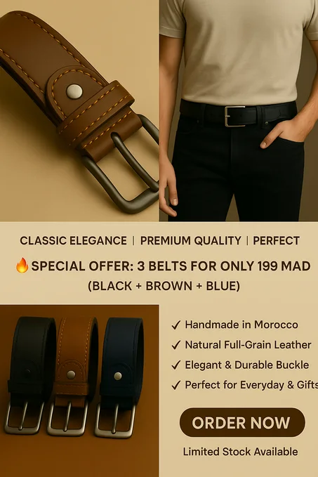 Handmade Genuine Leather Belt Set – 3 Colors (Black, Brown, Navy) – Premium Quality – Adjustable & Durable – Moroccan Craft