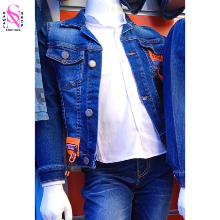 لبسة ثلاث قطع جاكيط جينز قميجة اللون ابيض + سروال جينز جودة عالية مقاسات 4/10