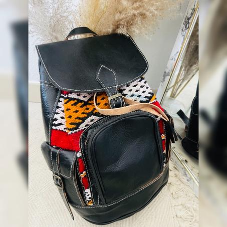 Sac à dos en cuir véritable Noir et Kilim 100% fait main haute qualité