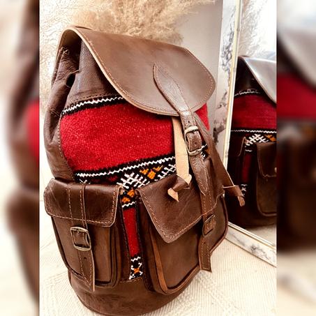 Sac à dos en cuir véritable marron et Kilim 100% fait main haute qualité