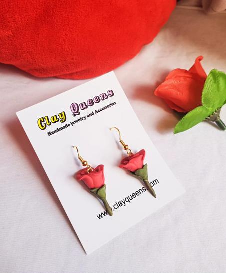 3D Red rose earrings
