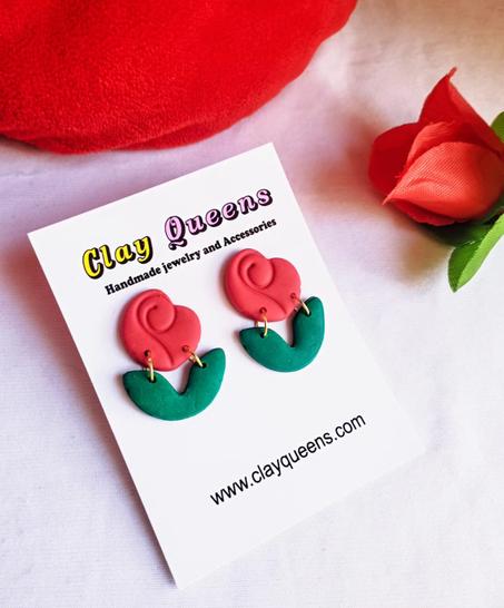 Flat red rose earrings