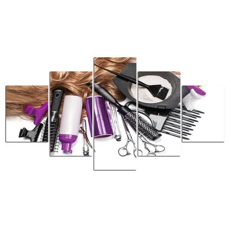 3-✂️ لوحة جدارية فاخرة بأدوات الحلاقة (ماكينة، مقص، مشط) – 5 قطع – 120×80 سم.