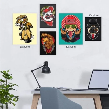 Home Pack 5 Tableaux – Animaux Gangster – 3× (30×20) + 2× (30×40) – MDF – 199 DH