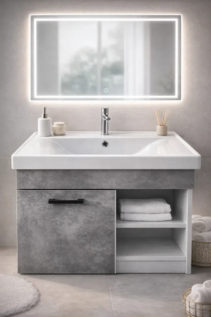 ✨ مغسلة LUX GRAY العصرية – أناقة الرمادي مع مرآة ذكية وإضاءة LED