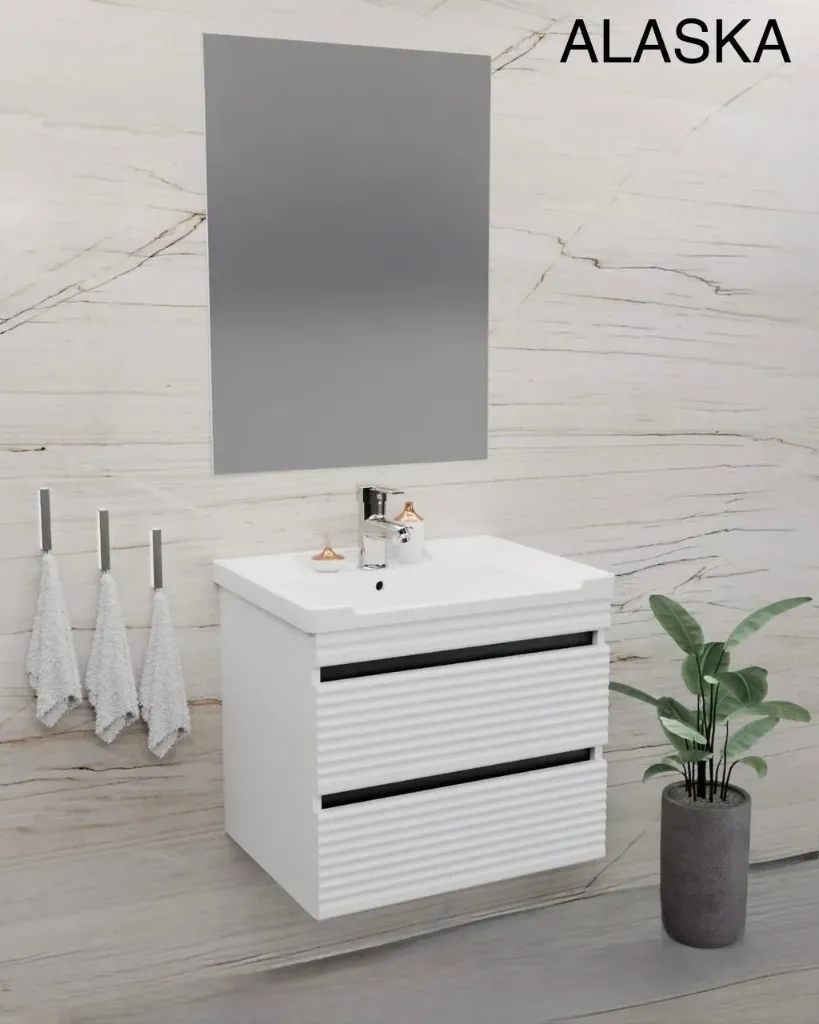 ✨ مغسلة ALASKA المميزة – أناقة بيضاء بمرآة ذكية وإضاءة حديثة