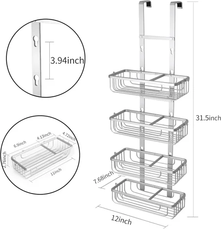 ديووي منظم دش معلق فوق الباب، منظم دش قابل للتعديل بأربع طبقات معلق داخل الدش، حامل شامبو وصابون مقاوم للصدأ