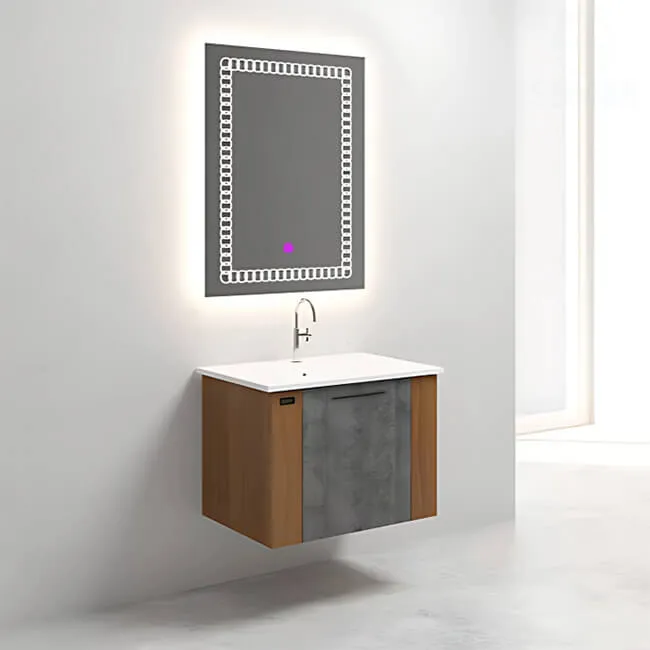 وحدة حمام 60*46سم معلقة لون رمادي*بني خشبي بالحوض الأبيض 1 درفة في الوسط سوفت كلوز من بيرويا Beroia