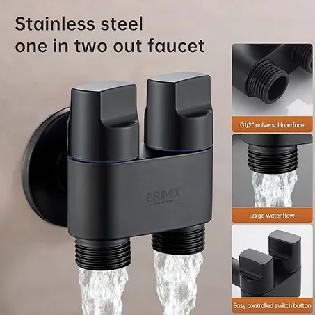 صمام زاوية شديد التحمل بتحكم مزدوج G1/2 انش للحمام والمرحاض والمطبخ (فضي) (اسود)