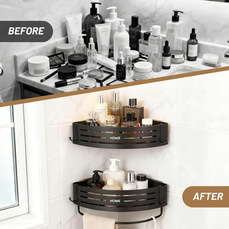 كيكين حامل دش مثبت على الحائط بزاوية، رف تخزين دش من الألمنيوم المقاوم للصدأ بدون الحاجة إلى حفر مع خطافات وقضيب منظم لتخزين أغراض الحمام، سكن الطلاب والمطبخ، قطعتين (أسود، شكل مثلث)