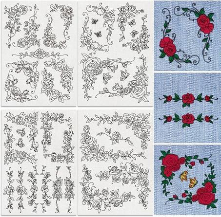 38 piezas de encaje rosa 4 hojas solubles en agua patrón de bordado estabilizadores, pegatinas de bordado de palo y puntada, costura a mano, papel de transferencia de bordado de encaje rosa