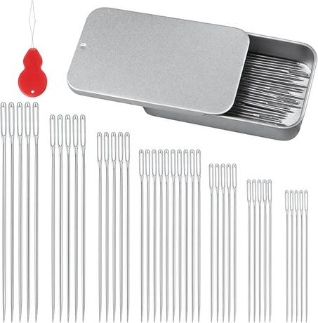 FIVEIZERO 80/40 agujas de coser grandes para ojos, 7 tamaños, agujas afiladas de costura, aguja de cuero para bordar, agujas de tejer de hilo de acero inoxidable con enhebradores para coser a