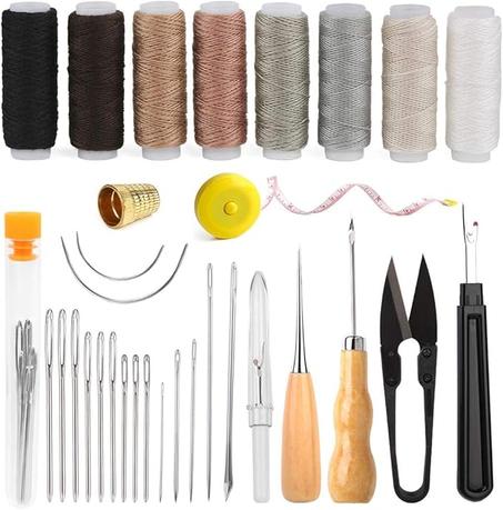 BAGERLA Kit de costura de reparación de tapicería, kit de costura resistente con herramientas de punzón, desgarrador de costura, agujas de costura a mano, hilo de tapicería, kit de herramient