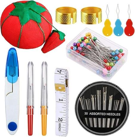 Fbshicung Juego de herramientas de costura de 140 piezas, incluye cojín de pasador de tomate, pasadores de cabeza de bola de vidrio, agujas autoroscadas en forma de calabaza, desbrozador de c