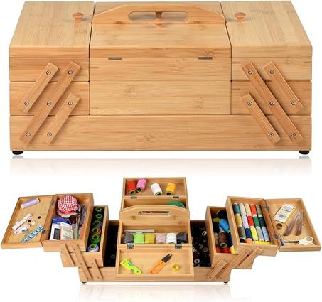 Caja organizadora de madera para suministros de costura, caja de almacenamiento de pasatiempos, cajones de 3 niveles para herramientas de manualidades, agujas surtidas