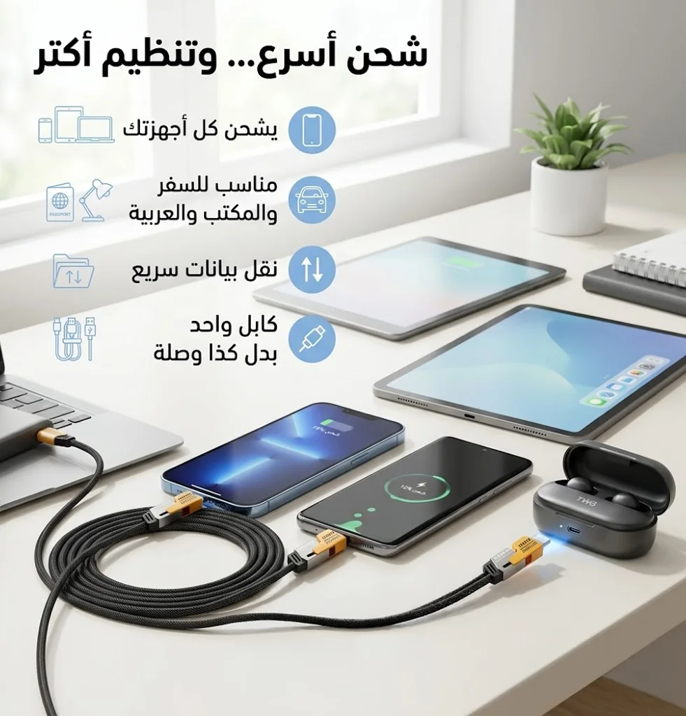 كابل شاحن USB متعدد 3 في 1 (Lightning, Type-C & Micro USB) شحن سريع 65 واط بطول 15 سم