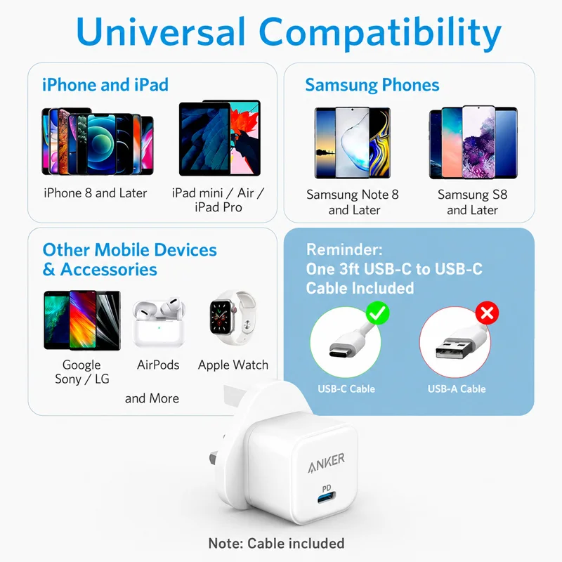 عرض Anker Power Port Nano 20W + كابل شاحن USB متعدد 15 سم (3 في 1)