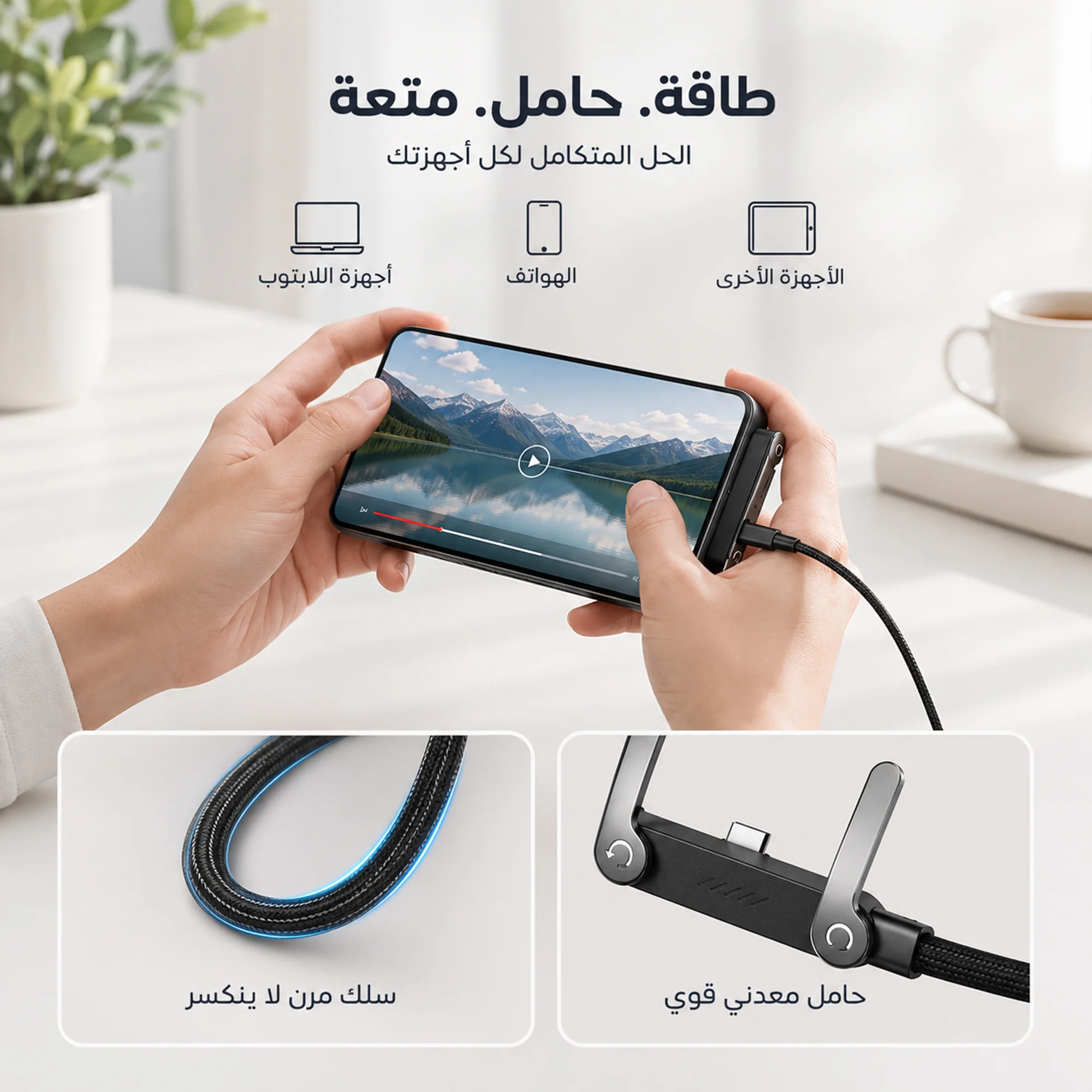 كيبل شحن 2 في 1 مع حامل غير مرئي – شحن سريع 240 واط بطول 1.5 متر