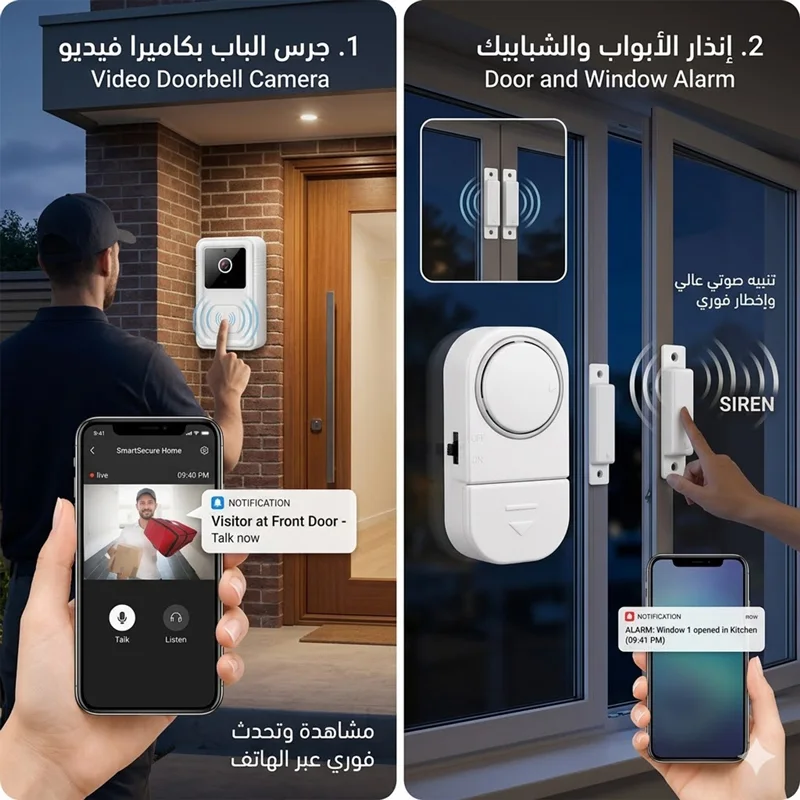 عرض الأمان الذكي للمنزل: جرس باب بكاميرا + إنذار لاسلكي 🏠🛡️