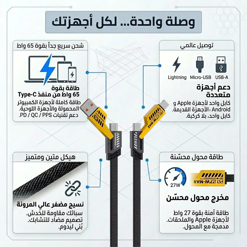 كابل شاحن USB متعدد 3 في 1 (Lightning, Type-C & Micro USB) شحن سريع 65 واط بطول 15 سم