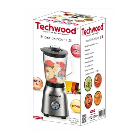 Techwood Blender Multifonctions Bol Verre 1.5L-1250W-TBLI-1250-Inox Et bordeaux