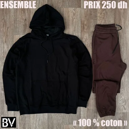 ensemble sample « 100 % coton » hoodie noir et jogging marron