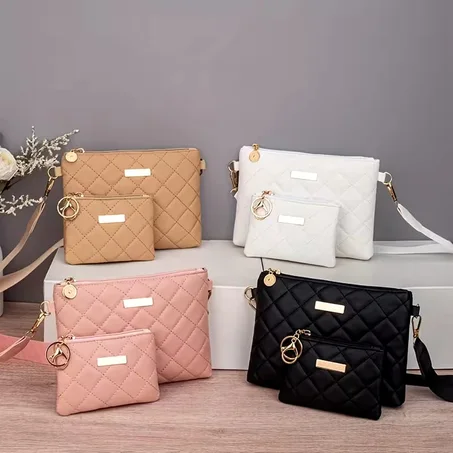 طقم من قطعتين، حقيبة كتف مطرزة مبطنة بلون موحد للنساء،