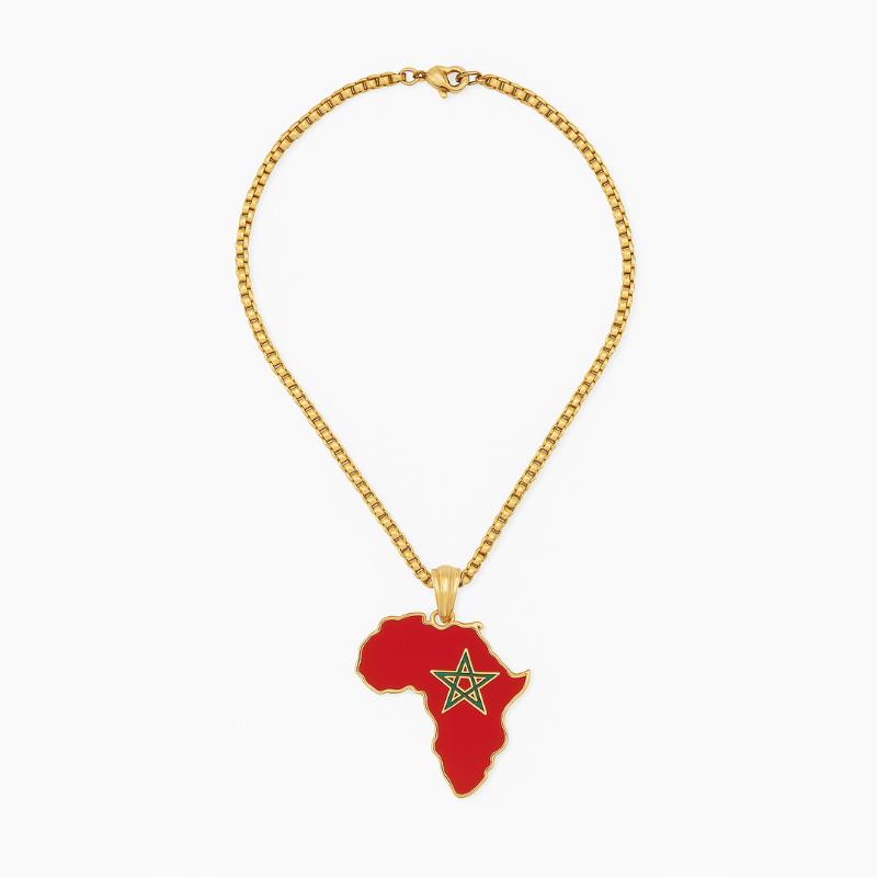Collier Carte d’Afrique Doré avec Étoile Verte du Maroc