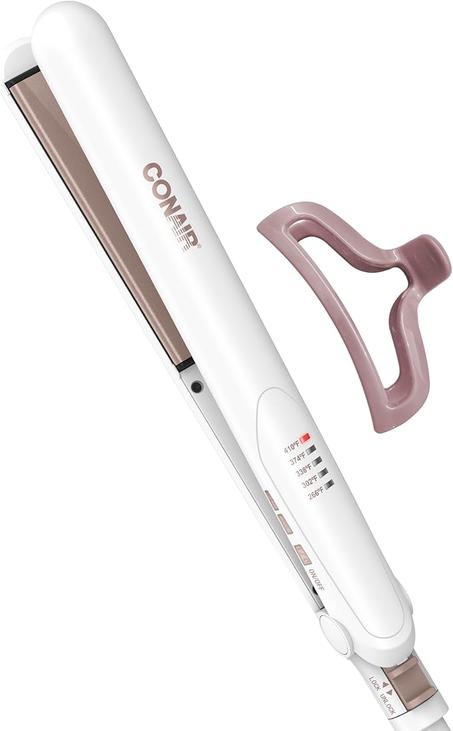 Conair Plancha plana de cerámica doble, plancha de pelo de 1 pulgada con clip de garra, 5 ajustes de calor, placas flotantes extralargas, color blanco