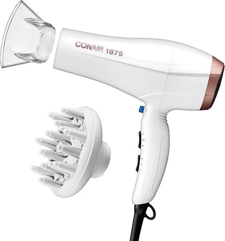 Conair Secador de pelo de cerámica doble, 1875 W con difusor y concentrador, acondicionamiento iónico, 3 ajustes de calor y 2 ajustes de velocidad, exclusivo de Amazon, color blanco