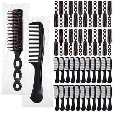 Baderke Juego de 48 cepillos y peines para el cabello a granel para personas sin hogar envueltos individualmente, juego de cepillos y peine para mujeres, hotel, enfermería sin hogar