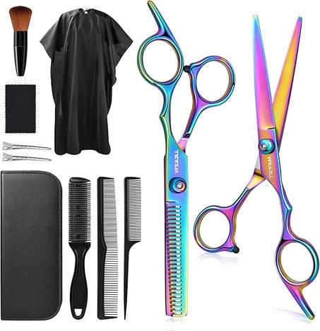 Kit de tijeras de corte de cabello, 11 piezas de tijeras profesionales de corte de pelo con peine, clips, capa, nueva artesanía, juego de tijeras de adelgazamiento de peluquería de acero inox