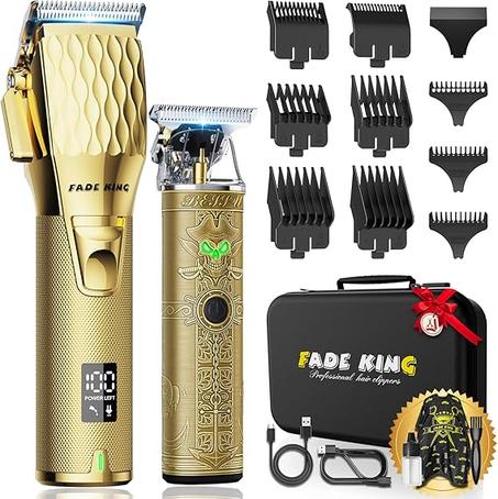 FADEKING® Cortapelos profesionales para hombres, cortapelos inalámbricos, pantalla LCD, cortapelos para cortar el cabello y aseo personal con estuche de viaje (dorado + bronce)