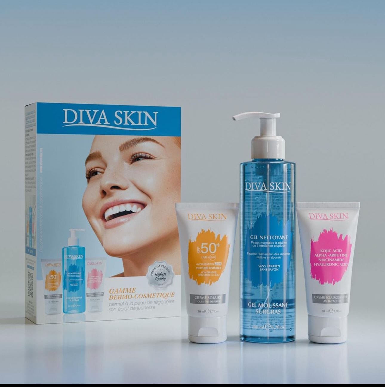 DIVA SKIN PACK  Crème solaire,Gel nettoyant,Crème éclaircissante anti taches