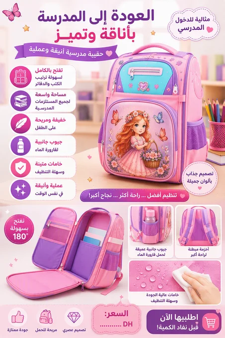 محفظة مدرسية للبنات تفتح بالكامل 180° – أنيقة وعملية