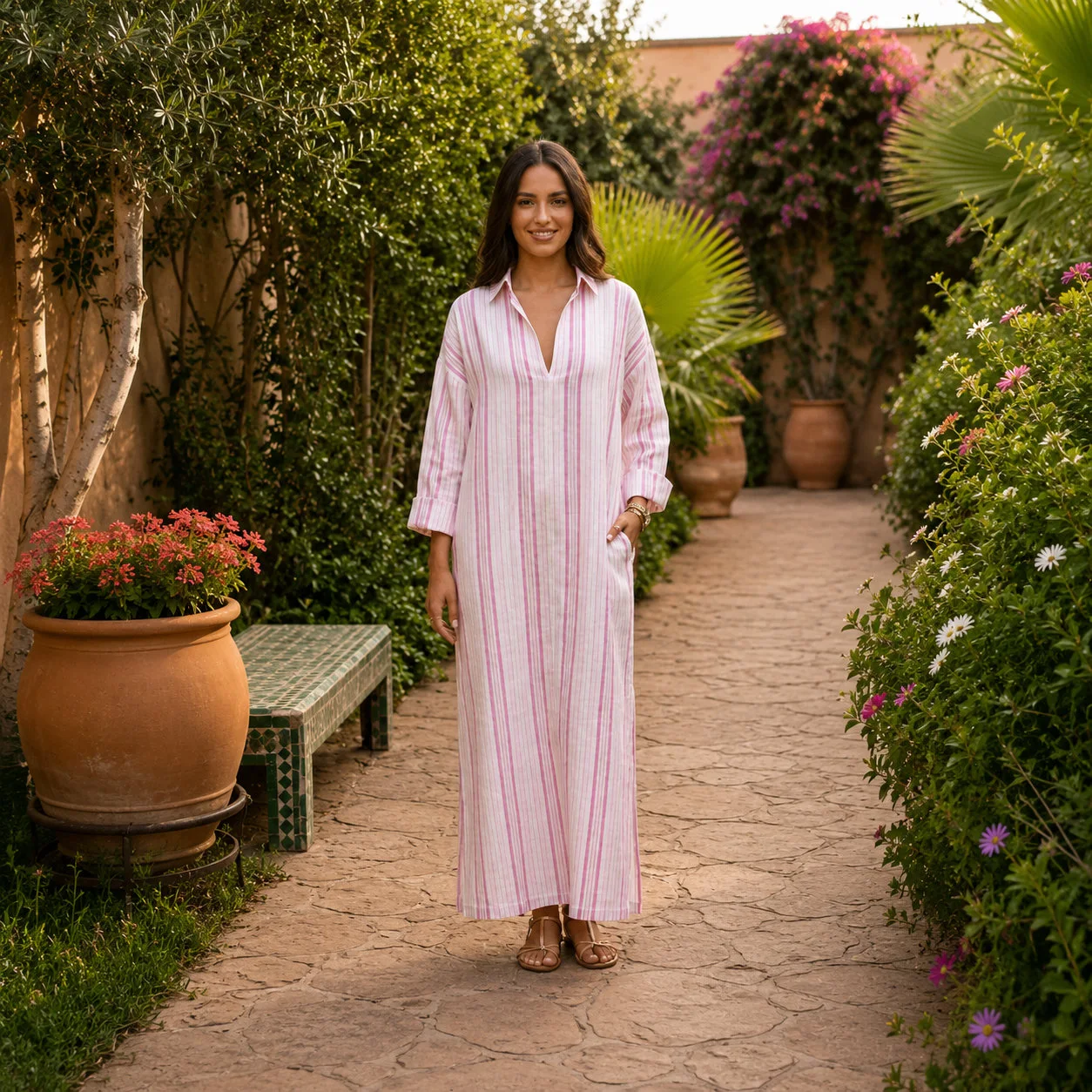 Robe longue rayèe en rose avec monche longes