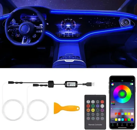 Tira de luces LED para interiores de automóvil con aplicación inalámbrica y control remoto, kit de iluminación ambiental RGB 2 en 1 para automóvil con fibra óptica de 158 pulgadas, tira inter