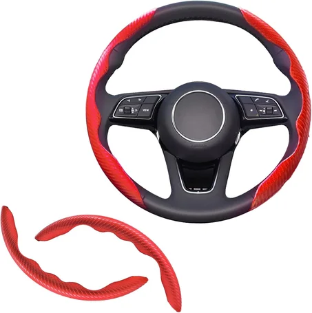 2 piezas Fundas de Volante de Fibra de Carbono de Ajuste Universal, Funda de Volante Antideslizante/Protector de Volante Segmentado/Accesorios Interiores de Automóvil (rojo)