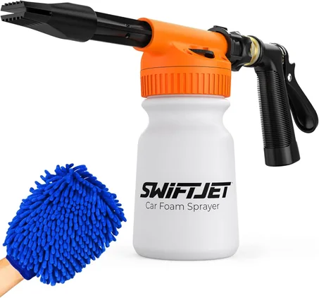 SwiftJet Pistola de Espuma para Lavado de Autos + Guante de Lavado de Microfibra - Cañón de Espuma Funciona con Cualquier Jabón - Rociador de Espuma para Autos con Manguera de Jardín - Kit de