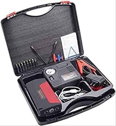 باور بانك بكابل احمر واسود لتشغيل السياره في حال عطل البطاريه مع منفاخ هواء للسيارة. وايضا يعتبر خازن للجوال