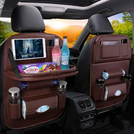 منظم مقعد السيارة، منظم جلدي للمقعد الخلفي مع حامل للطاولة، 10 جيوب تخزين، مكان رائع للسفر للاطفال والرضع