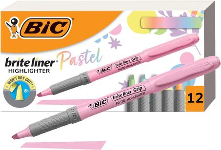 BIC Brite Liner Grip - Juego de resaltadores pastel con punta biselada (12 unidades) en colores surtidos. Ideales para bullet journaling, tomar notas y mucho más