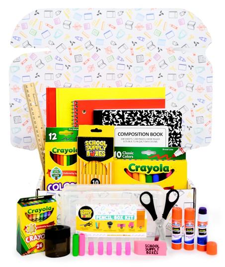 Caja de útiles escolares para el regreso a clases, grados K-5 - Cajas de útiles escolares - Kit de 32 piezas que incluye marcadores, crayones, lápices, tijeras, carpetas, barras de pegamento,