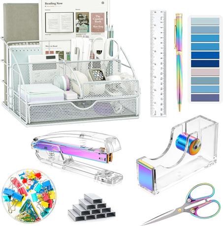 Accesorios de escritorio, organizadores de escritorio y accesorios de oficina con organizador de malla, dispensador de cinta, grapadora, grapas, bolígrafo, juego de clips, regla, tijeras, pes