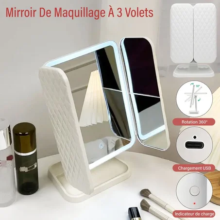 مرآة مكياج قابلة للطي بشحن USB قابلة للتعديل بزاوية 180 درجة مع إضاءة وشاشة تعمل باللمس.