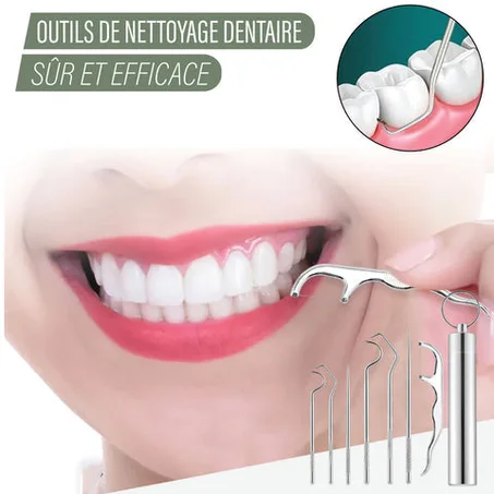 مجموعة العناية بالأسنان المعدنية، مجموعة تنظيف الجير المصنوعة من الفولاذ المقاوم للصدأ قابلة لإعادة الاستخدام وأعواد الأسنان