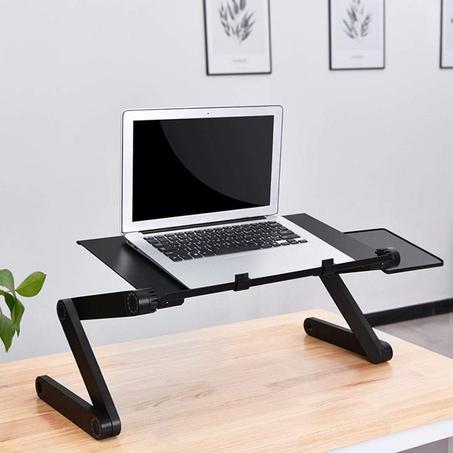 حامل كمبيوتر محمول قابل للتعديل، مكتب كمبيوتر محمول من الألومنيوم قابل للطي مع مروحة تبريد كبيرة ووسادة ماوس للسرير والأريكة والأريكة