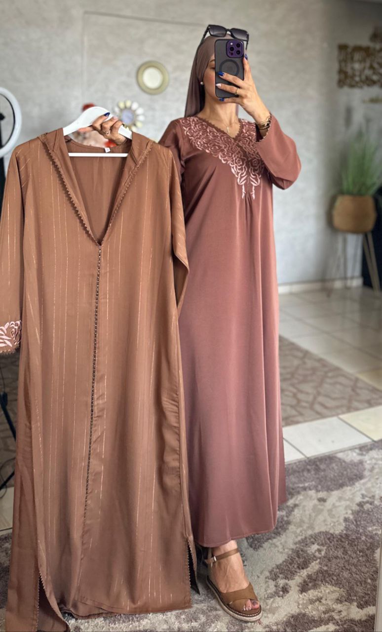 جلابة 2 پس توب كريب مسلك الفوقي التحتي كريب روزة مخدومة بالراندة او الطرز الرباطي والمقاسات L. Xl xxl